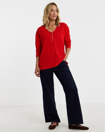Red Longline Zip Front Long Sleeve Top
