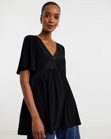 Black Lace Trim Angel Sleeve Longline Top