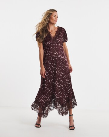 Burgundy Spot Hanky Hem Lace Trim Dress