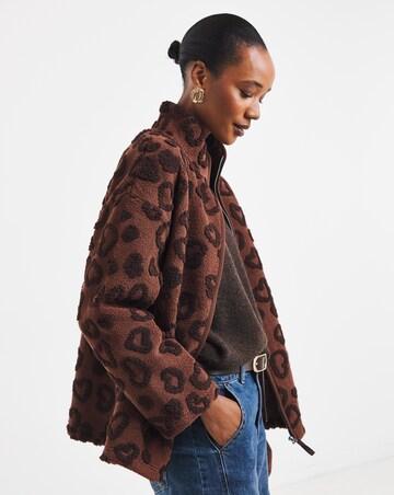 Brown Zip Through Heart Textured Longline Borg