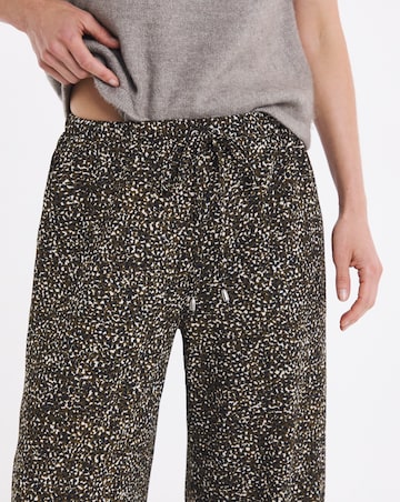 Khaki Print Textured Jersey Tie Waist Wide Leg Trouser