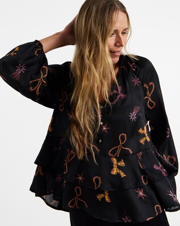 Black Bow Print Satin Peplum Blouse