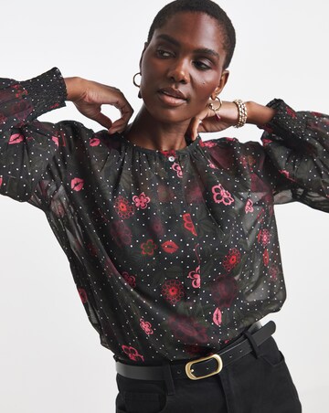 Printed Blouson Sleeve Collarless Georgette Blouse