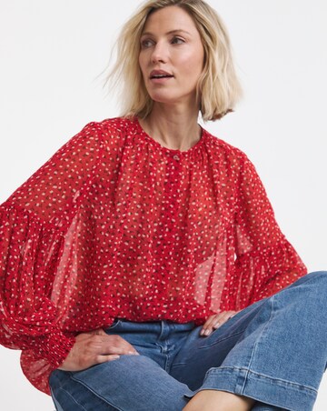 Red Ditsy Shirred Button Through Top