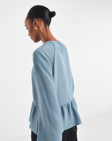 Blue Pintuck Peplum Long Sleeve Blouse