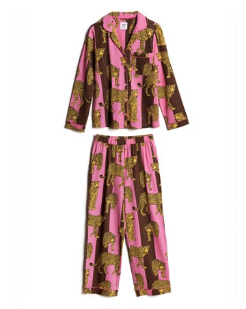 Chelsea Peers Classic Cotton Long Sleeve Button Up Stripe Leopard Pyjama Set