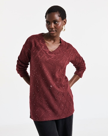 Burgundy Glitter Textured Long Sleeve V-Neck Top