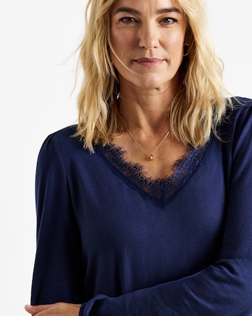 Navy Lace Trim V-Neck Cosy Longline Top
