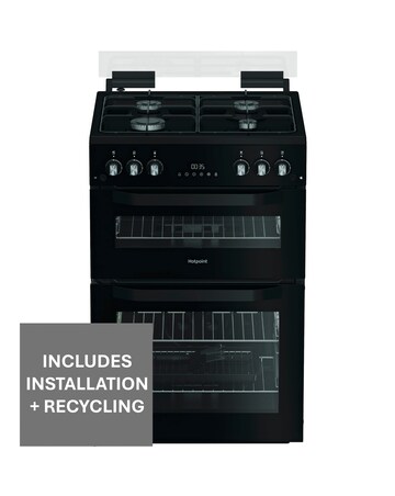 Hotpoint HTG6GDCB1 60cm Gas Twin Cooker with Glass Lid - Black + Install