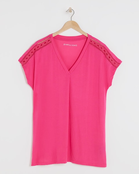 V Neck Grown on Sleeve Trim Insert Longline Top