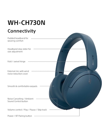 Sony WH-CH730N Wireless Noise Cancelling Over-Ear Headphones - Blue