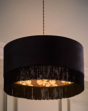 ValueLights Kimberly Black Velvet Printed Inner Drum Shade with Fringe Trim