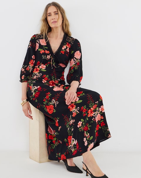 Black Floral Print Lace Trim Puff Sleeve Tea Dress