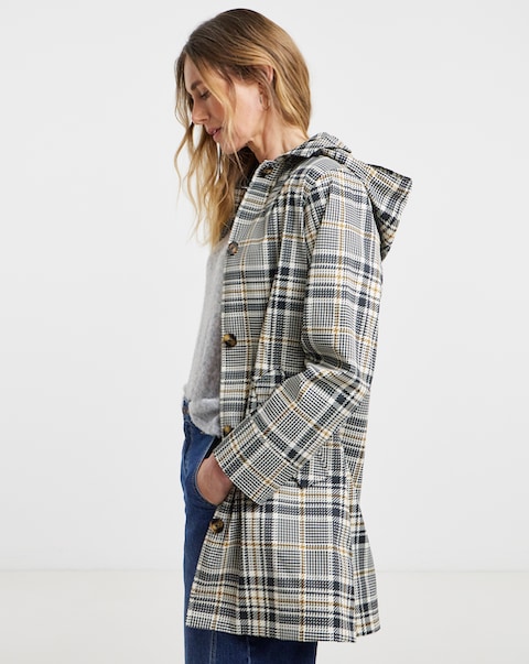 Hooded Check Print Trench Car Coat