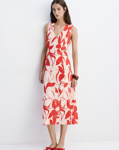 Mango Floral Print Cut-Out Dress