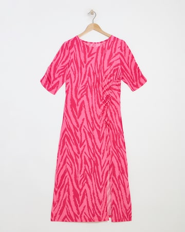 Pink Zebra Print Slinky Ruched Midi Dress