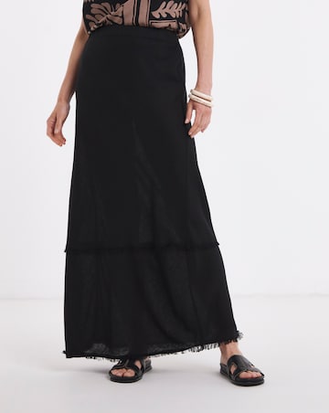 Black Linen Mix Frayed Hem Skirt