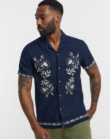Navy Embroidered Short Sleeve Shirt