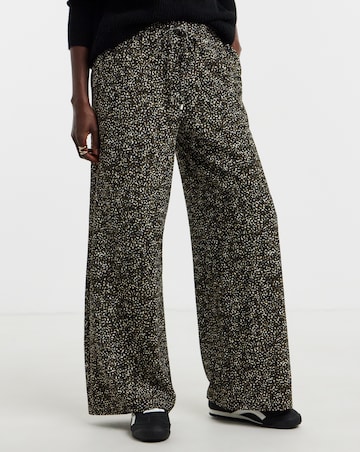 Khaki Print Textured Jersey Tie Waist Wide Leg Trouser