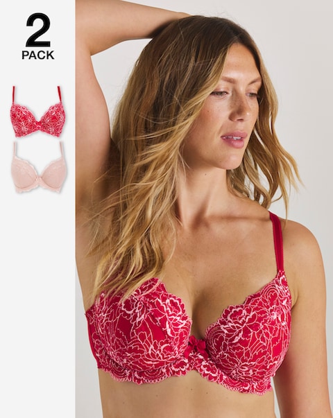 Pretty Secrets 2 Pack Ella Lace Padded Plunge Wired Bras B-F - Pink Multi