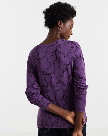 Ribbon Print Fine Knit Crew Neck Jumper