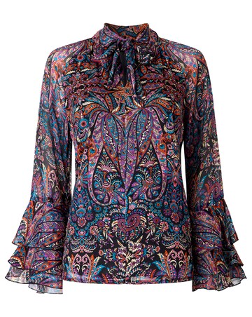 Joe Browns Boho Print Tie Neck Blouse With Ruffle Sleeve Detail
