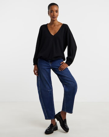 Black Long Sleeve Textured Bubble Hem V-Neck Top