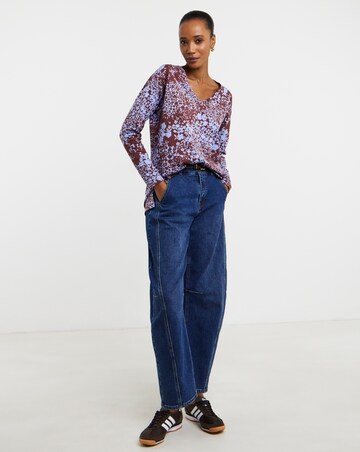 Floral Print 3/4 Sleeve Slouch V-Neck Longline Top