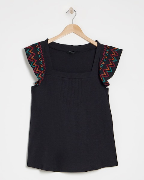 Square Neck Embroidered Sleeve Top
