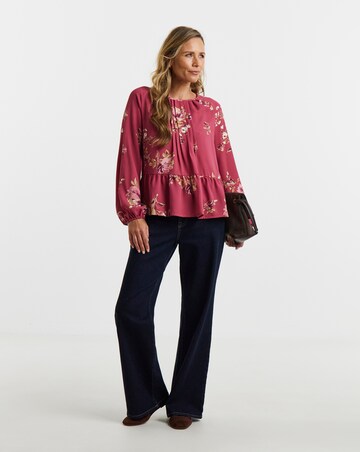 Floral Print Pintuck Long Sleeve Peplum Blouse