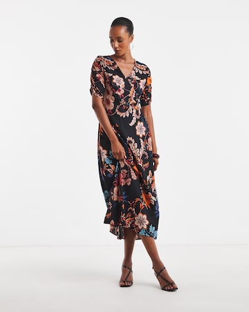 Floral Print Ruched Sleeve Tea Dress