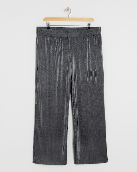 Silver Metallic Plisse Wide Leg Trousers