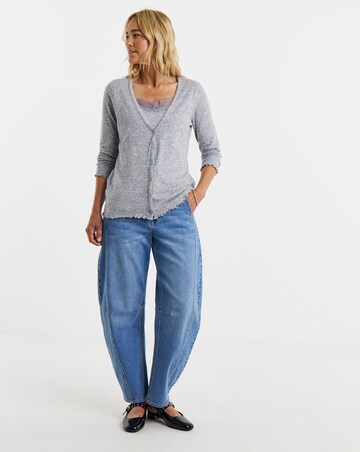 Blue Lace Trim Button Front Long Sleeve Top