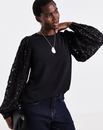 Black Sequin Lace Sleeve Top