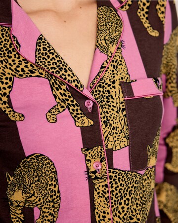 Chelsea Peers Classic Cotton Long Sleeve Button Up Stripe Leopard Pyjama Set