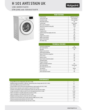 Hotpoint AntiStain H 101 ANTI STAIN UK 10kg Washing Machine PetHairCare - INST