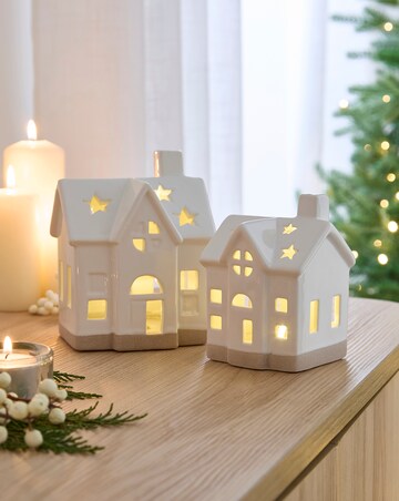 Set of 2 White Lit Houses
