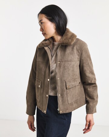 Taupe Suedette Faux Fur Collar Jacket