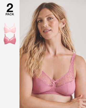 Pretty Secrets (2 Pack) Cotton Lace Non Wired Full Cup Bras (B-G) Pink Multi