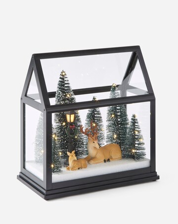Lit Glass House with Reindeer Scene