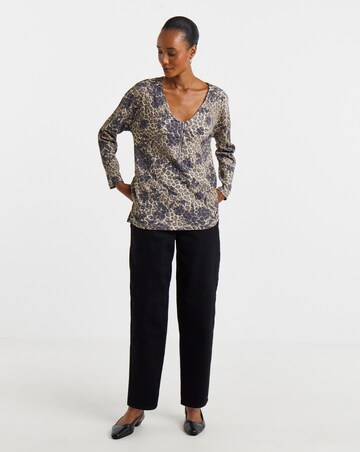 Leopard Floral Print Zip Front Long Sleeve Longline Top