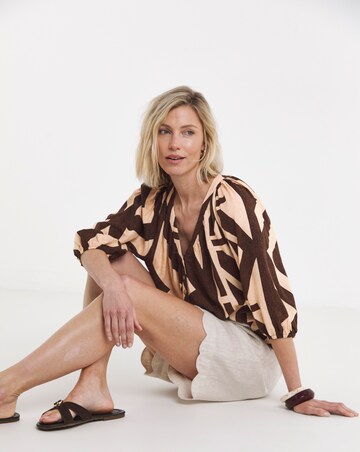 Aztec Print Collarless Button Through Blouse