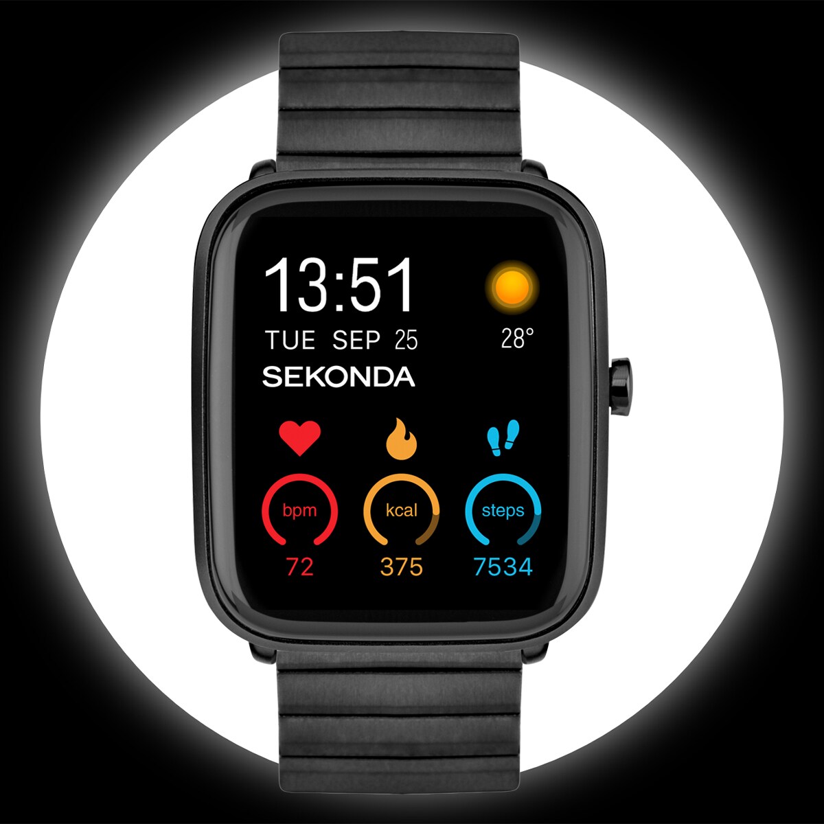 A black Sekonda smartwatch displaying the time, date, heart rate, calories burned, and step count.