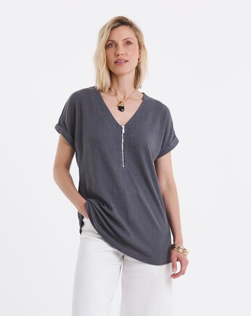Grey V Neck Zip Front Longline Top