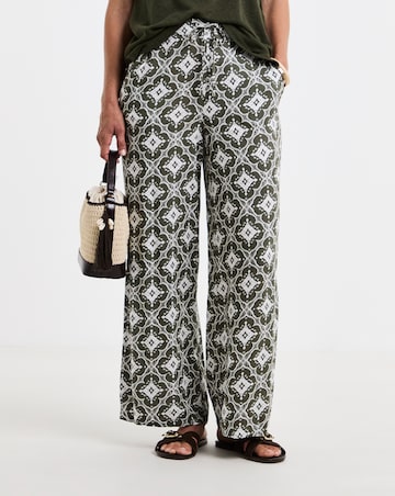 Green Printed Spun Viscose Pull On Wide Leg Trousers