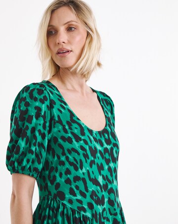 Green Animal Print Jersey Detail Midi Dress
