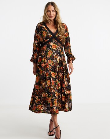 Printed Lace Trim Seam Detail Midi Dress