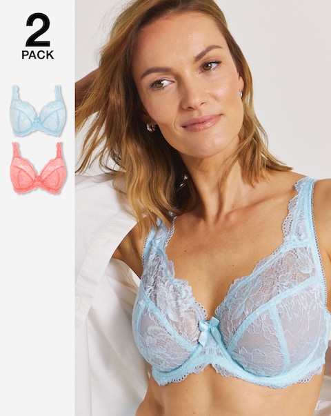 Pretty Secrets (2 Pack) Ella Lace Full Cup Wired Bras (C-H) Blue/Coral