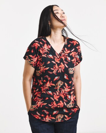 Print V-Neck Short Sleeve Longline Curved Hem Top