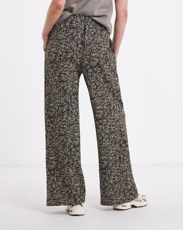 Khaki Print Textured Jersey Tie Waist Wide Leg Trouser